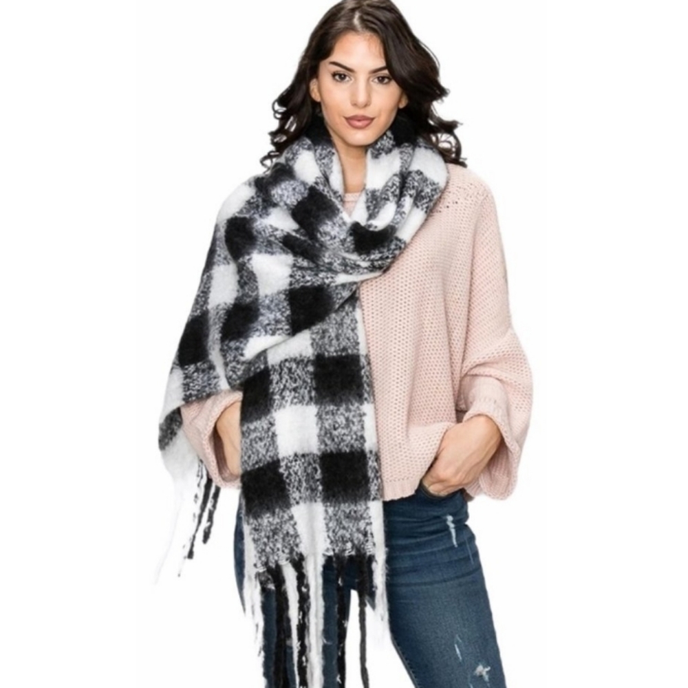 Classic Black and White Plaid Oversized Scarf, Cozy Fringe Wrap
